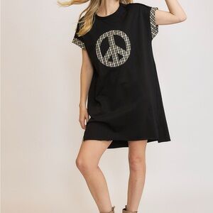 Umgee Peace Plaid Applique Short Sleeve Mini Dress